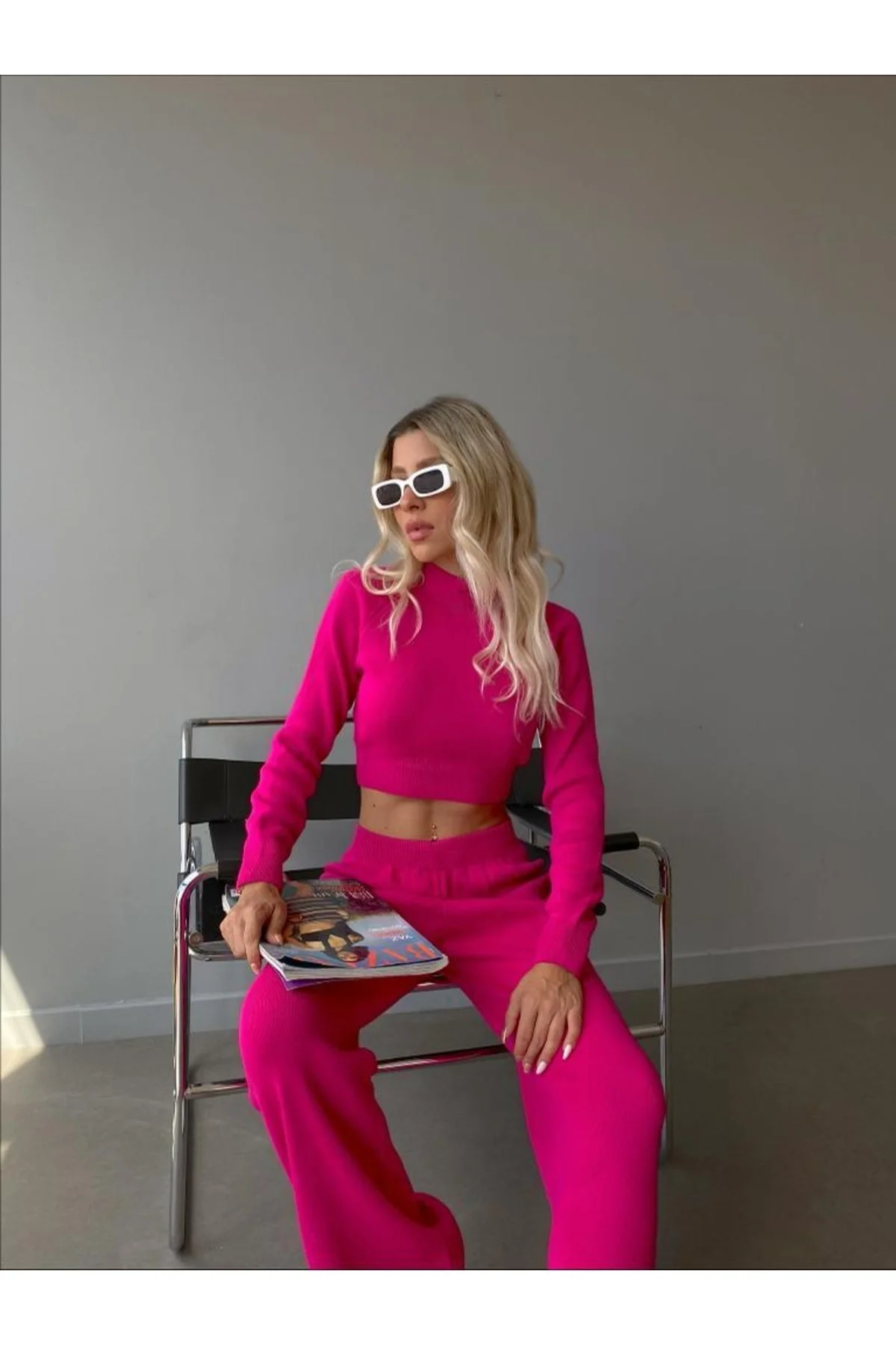 Mooi Butik Dik Yaka Triko Ikili Crowley Takım 1989 - Pembe