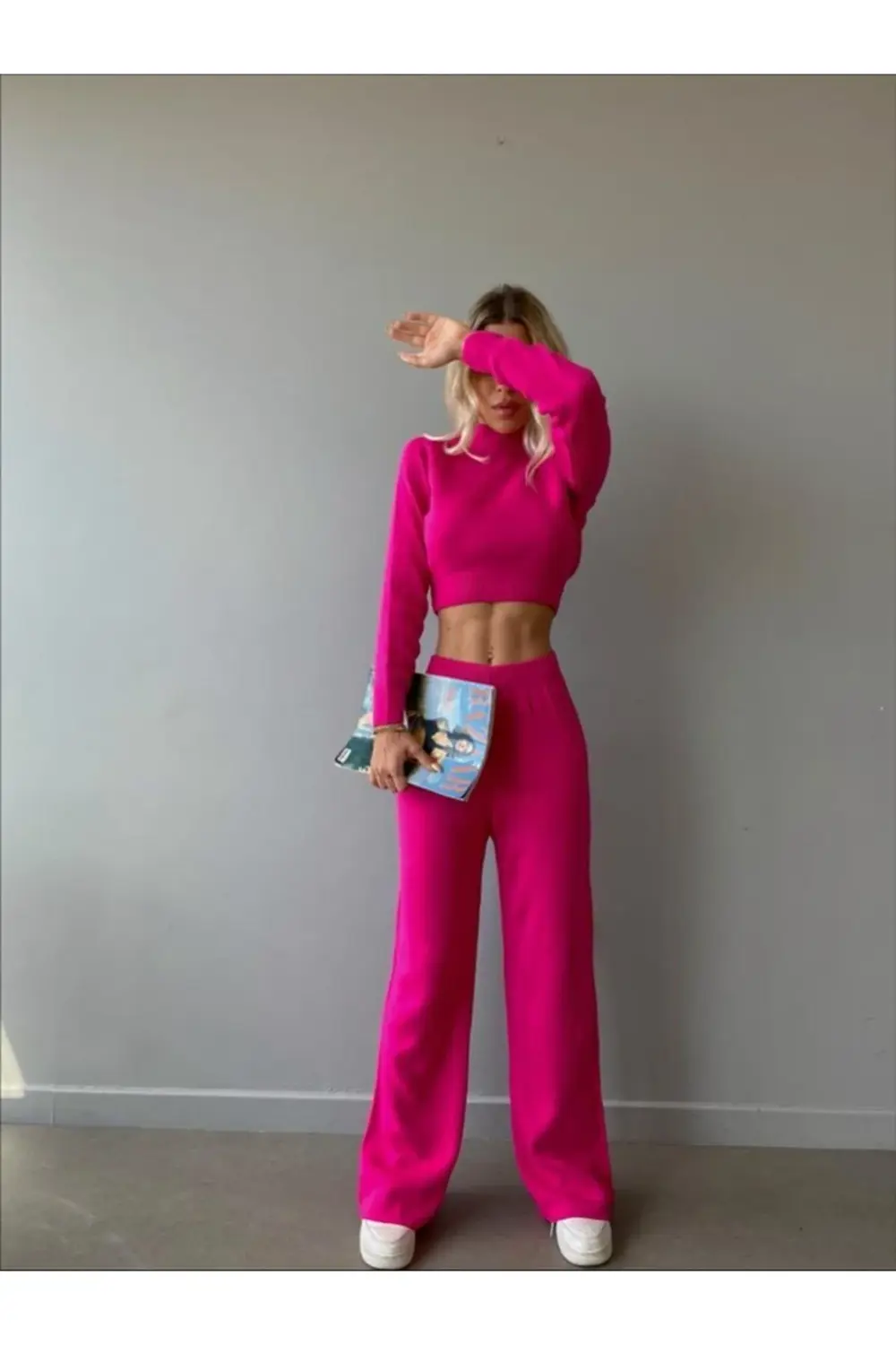 Mooi Butik Dik Yaka Triko Ikili Crowley Takım 1989 - Pembe