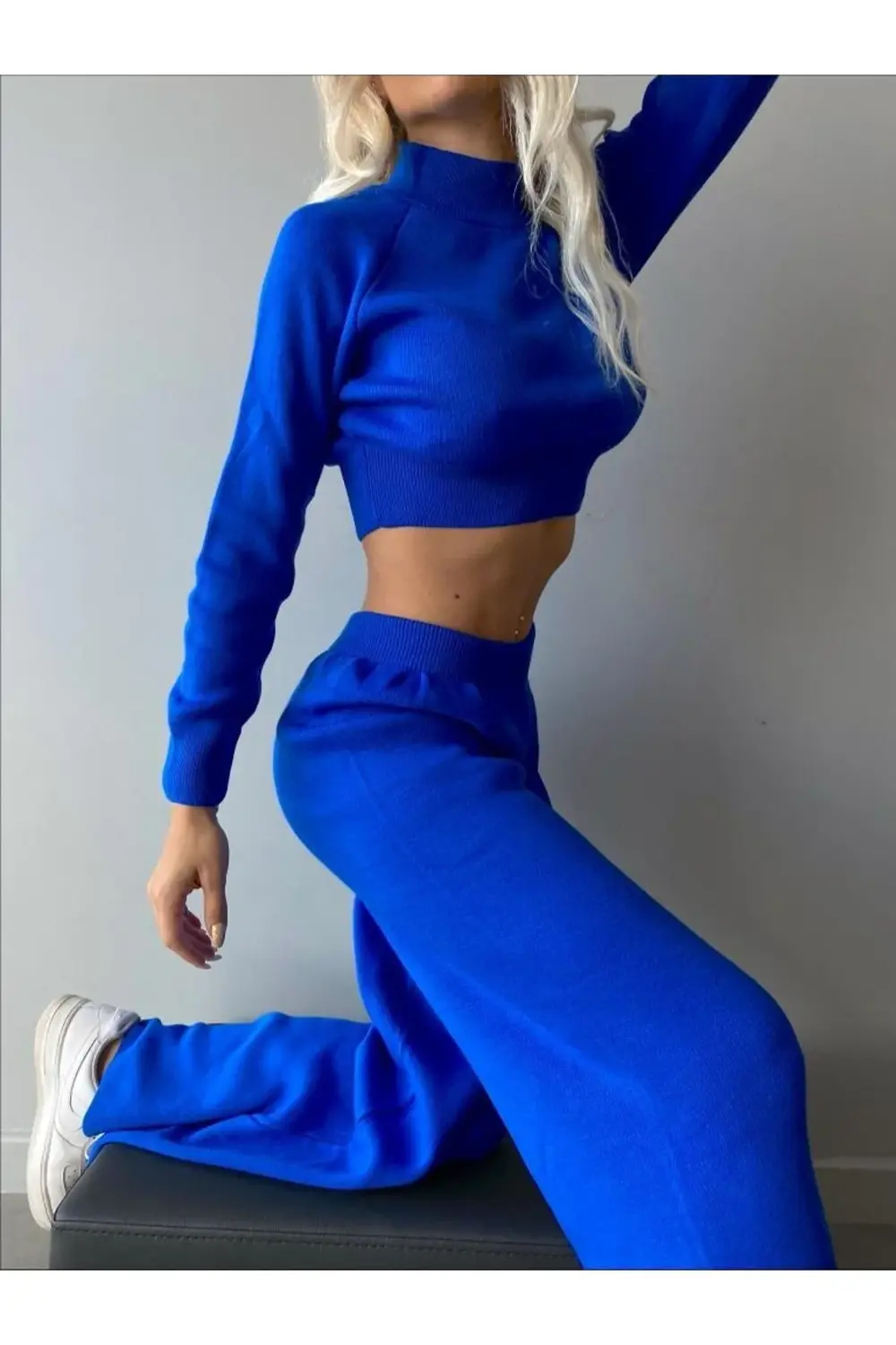 Mooi Butik Dik Yaka Triko Ikili Crowley Takım 1989 - Mavi