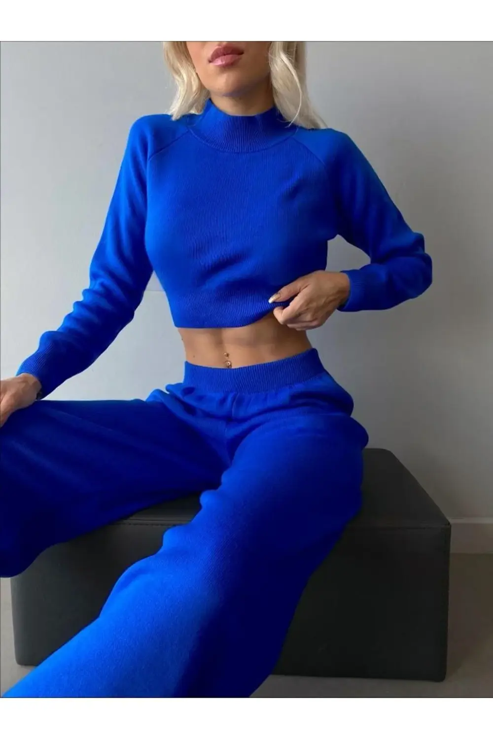 Mooi Butik Dik Yaka Triko Ikili Crowley Takım 1989 - Mavi