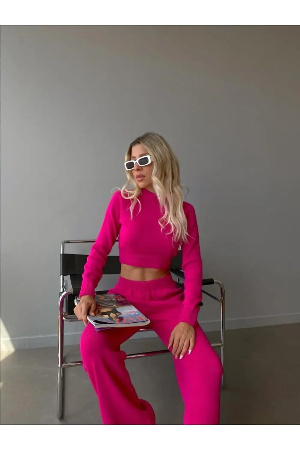 Mooi Butik Dik Yaka Triko Ikili Crowley Takım 1989 - Pembe