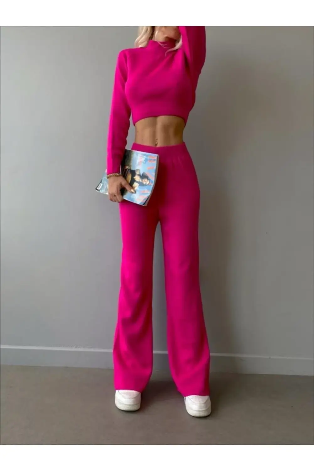 Mooi Butik Dik Yaka Triko Ikili Crowley Takım 1989 - Pembe