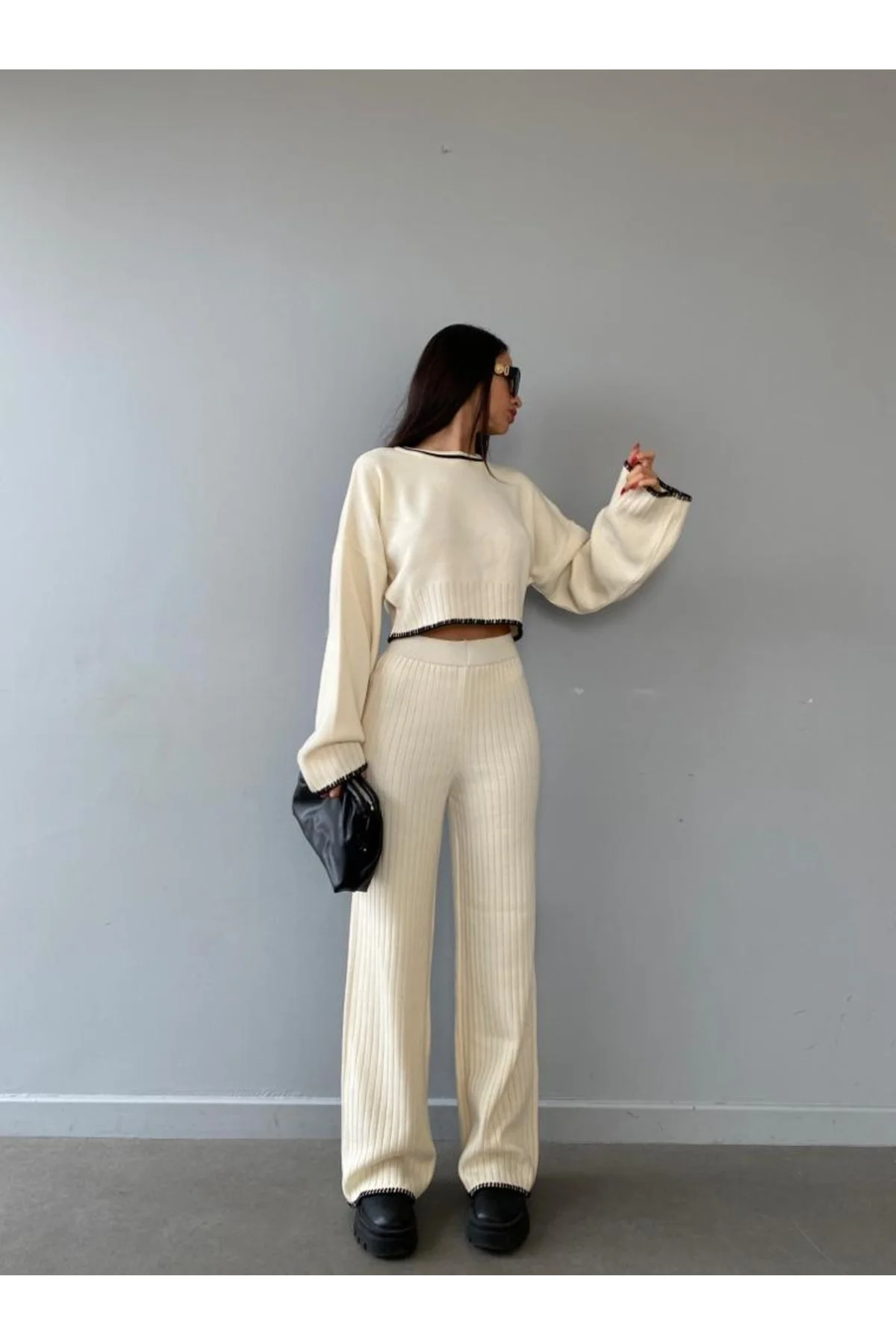 Mooi Butik El Işi Dikiş Detaylı Triko Agatha Takım 8193 - Ekru