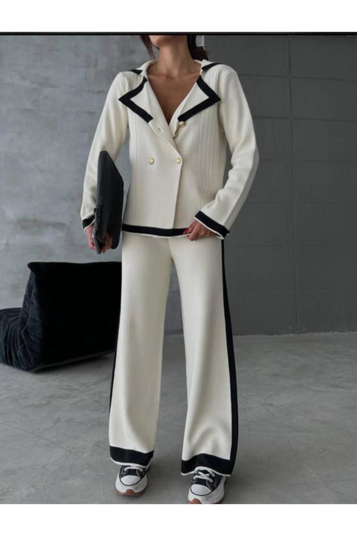 Del La Rose Mooi Butik Paçası Yırtmaç Detaylı Triko Jery Takım 0183 - Siyah