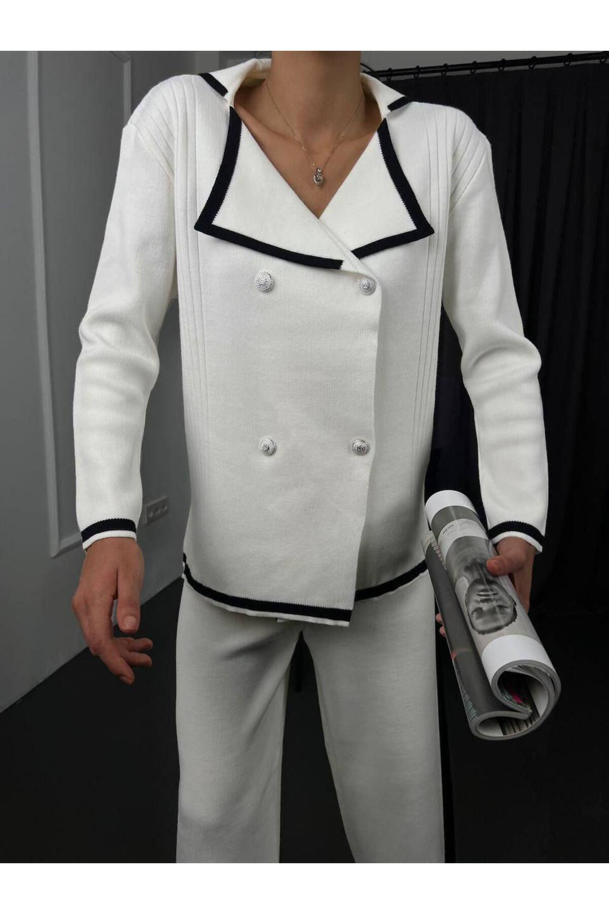 Del La Rose Mooi Butik Paçası Yırtmaç Detaylı Triko Jery Takım 0183 - Siyah