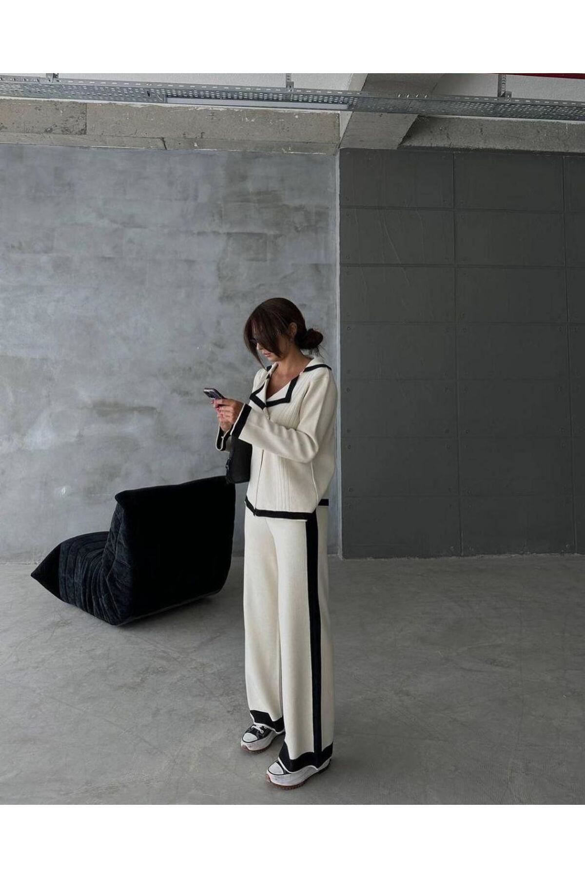 Del La Rose Mooi Butik Paçası Yırtmaç Detaylı Triko Jery Takım 0183 - Siyah