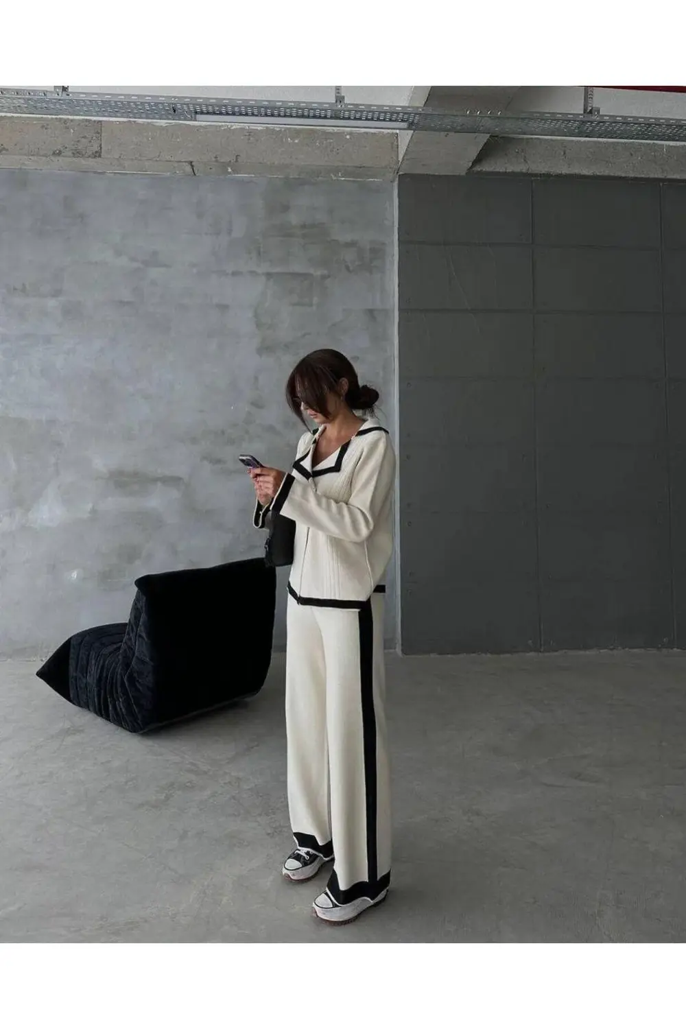 Mooi Butik Paçası Yırtmaç Detaylı Triko Jery Takım 0183 - Siyah