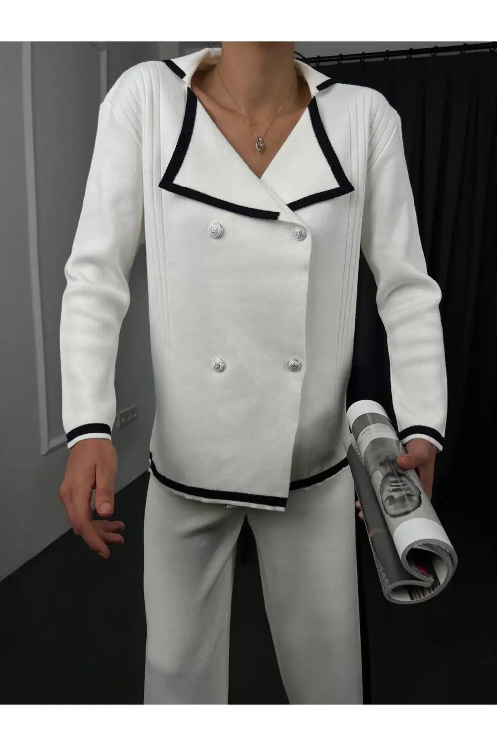 Mooi Butik Paçası Yırtmaç Detaylı Triko Jery Takım 0183 - Siyah