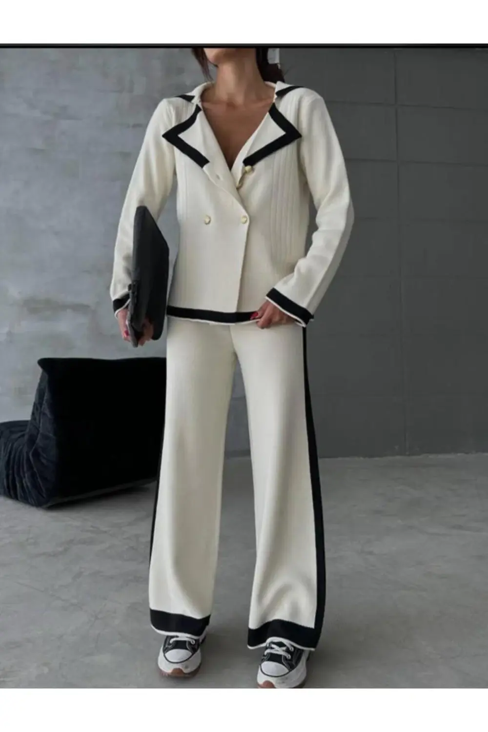 Mooi Butik Paçası Yırtmaç Detaylı Triko Jery Takım 0183 - Siyah