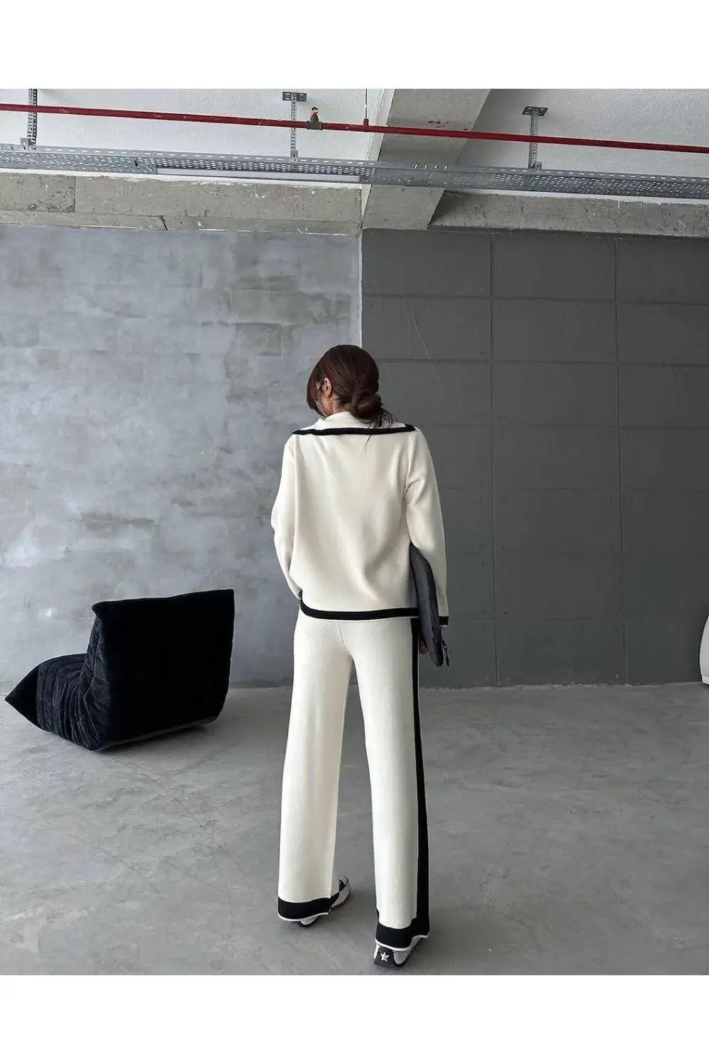 Mooi Butik Paçası Yırtmaç Detaylı Triko Jery Takım 0183 - Siyah