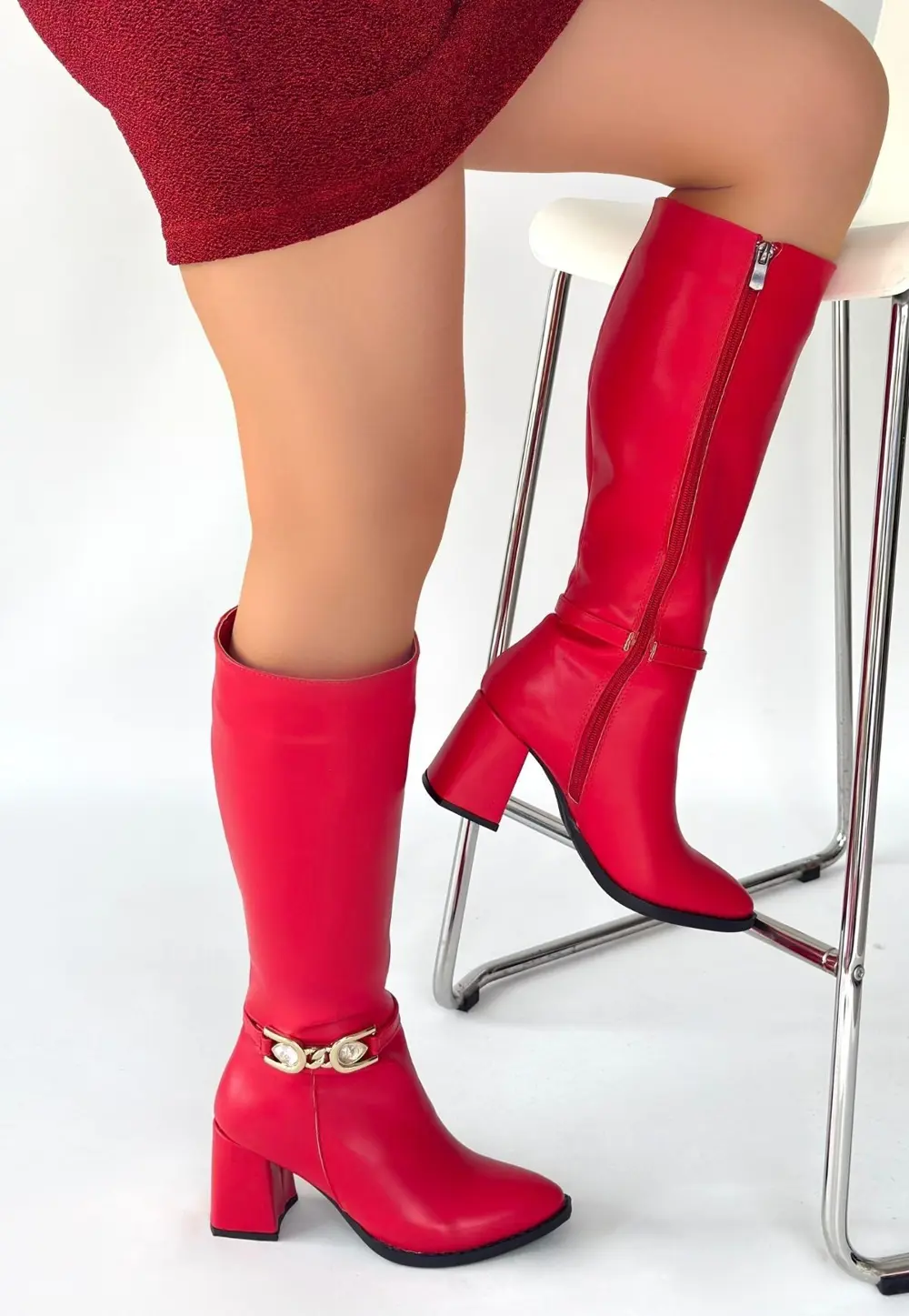 Mooni Kırmızı Cilt Topuklu Çizme