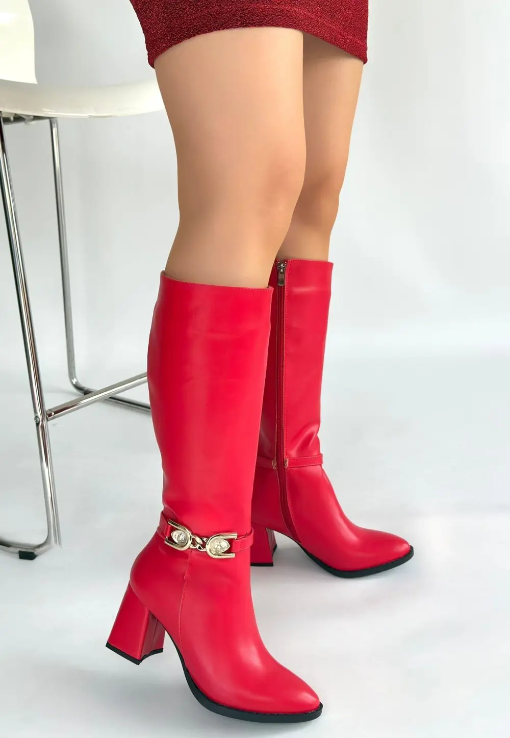 Mooni Kırmızı Cilt Topuklu Çizme