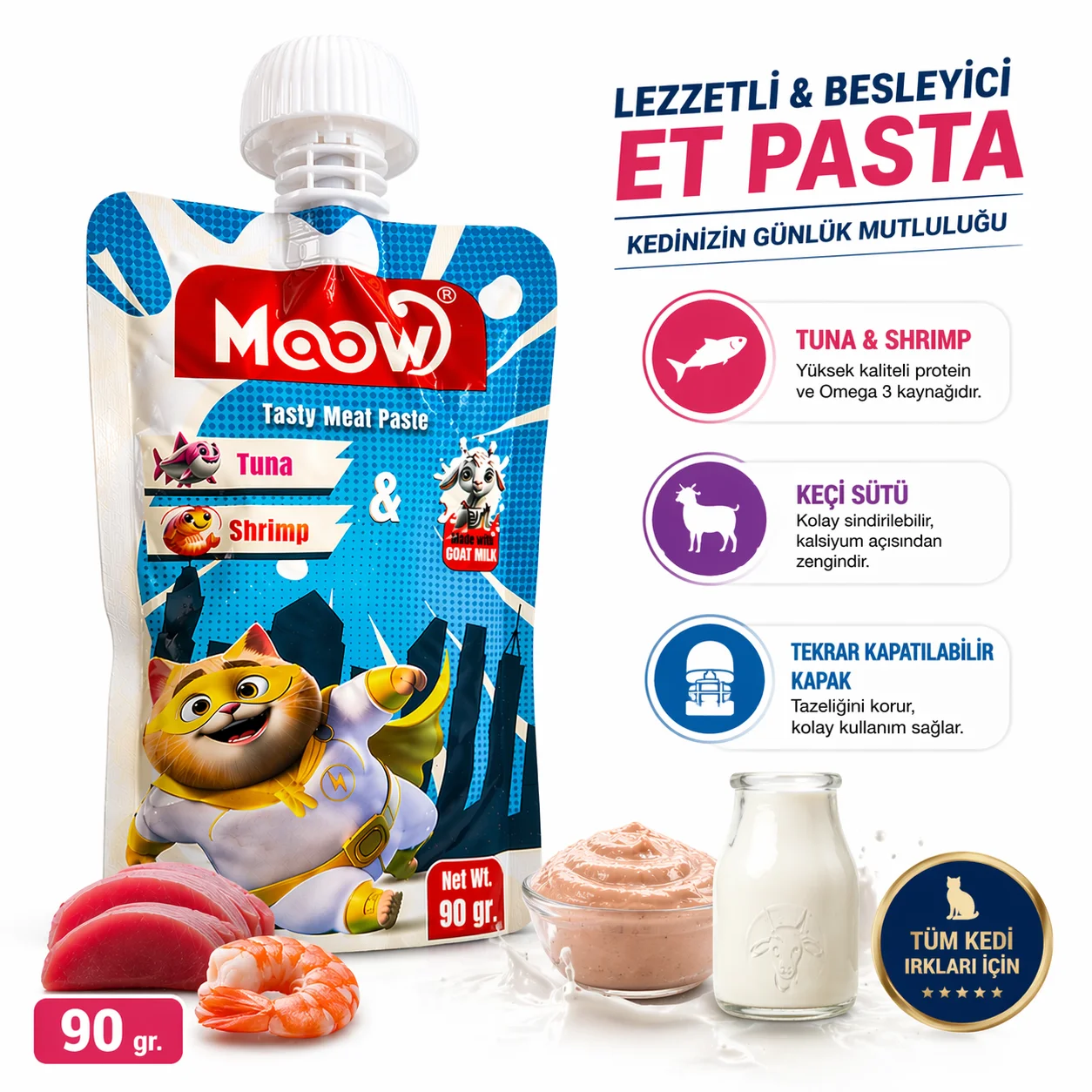 Moow Taze Ton Balıklı Karidesli ve Keçi Sütlü Kedi Et Ezmesi 90 gr