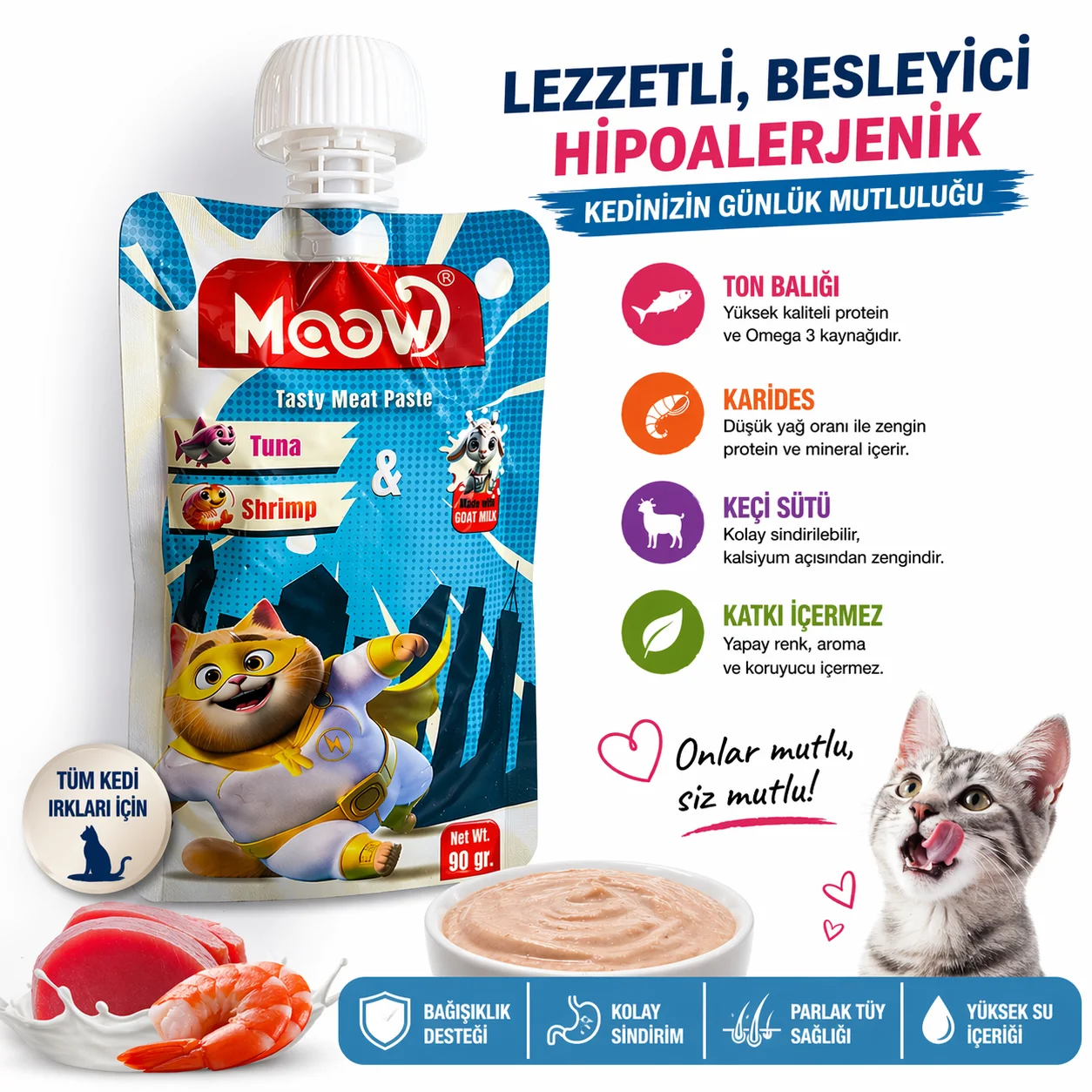 Moow Taze Ton Balıklı Karidesli ve Keçi Sütlü Kedi Et Ezmesi 90 gr