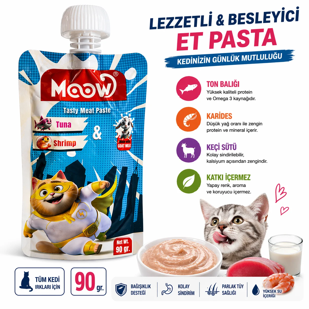 Moow Taze Ton Balıklı Karidesli ve Keçi Sütlü Kedi Et Ezmesi 90 gr
