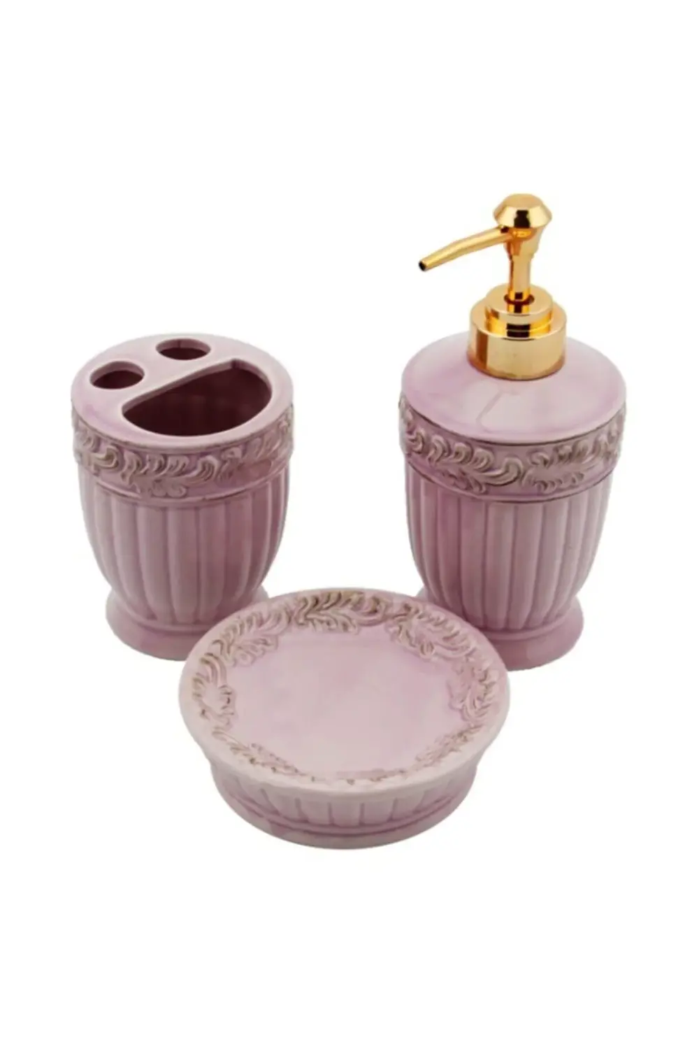 Mor 3 Parça Seramik Banyo Seti Antik Lila 3 Parça Seramik