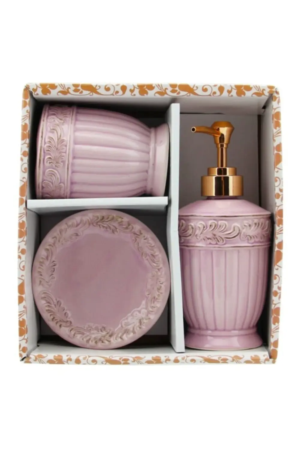 Mor 3 Parça Seramik Banyo Seti Antik Lila 3 Parça Seramik