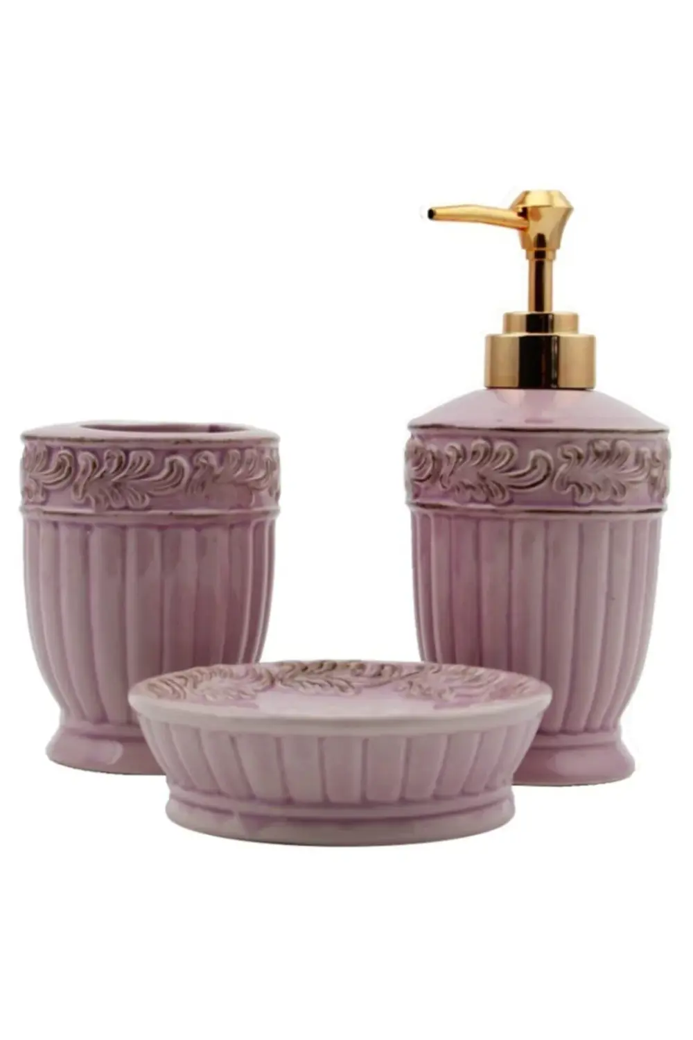 Mor 3 Parça Seramik Banyo Seti Antik Lila 3 Parça Seramik