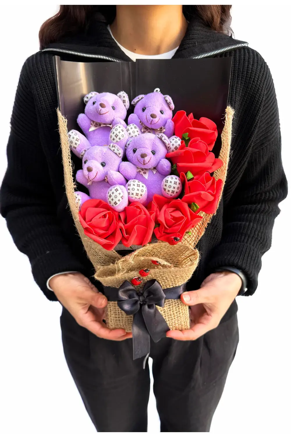 Mor Ayıcıklı ve Kırmızı Güllü Çiçek Buketi Ayıcık Buketi Peluş Bu