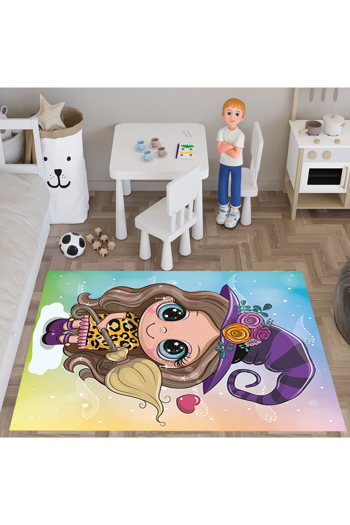 Evan Home Mor Çizgi Film Cadı Desenli  Dijital Baskı Yıkanabilir Kaymaz Taban Çocuk Odası Halısı