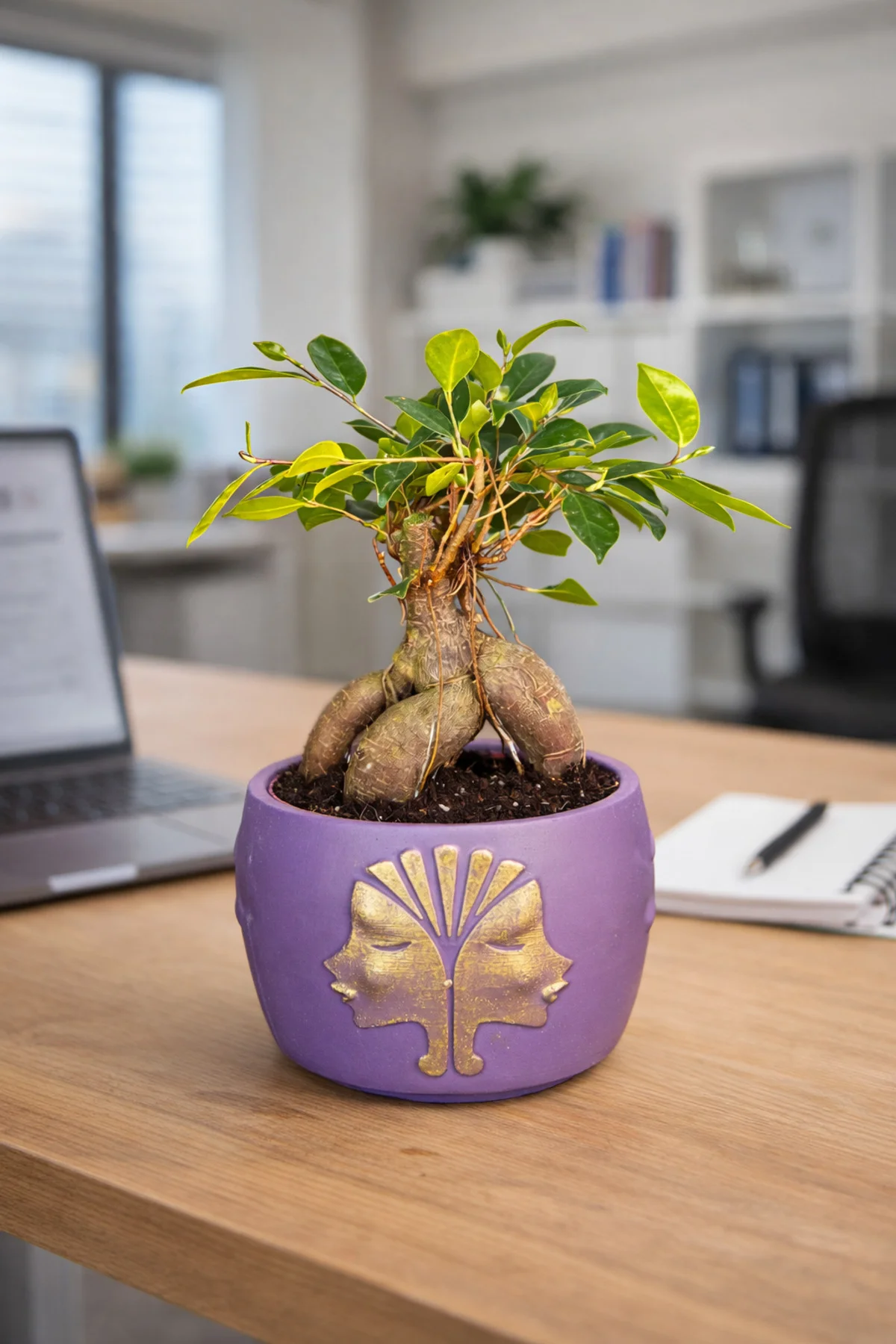 Mor Dekoratif Saksıda Ficus Ginseng Bonsai – Mini Masaüstü Ofis v