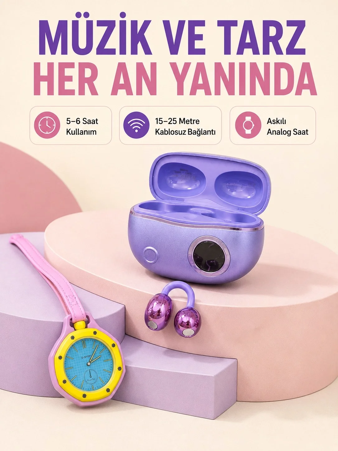 Mor Kablosuz Stereo Kulaklık ve Pembe Askılı Analog Çanta Saati Günlük Kullanım İkili Fırsat Seti Mor Kablosuz Stereo Kulaklık ve Pembe Askılı Analog Çanta Saati Günlük Kullanım İkili Fırsat Seti