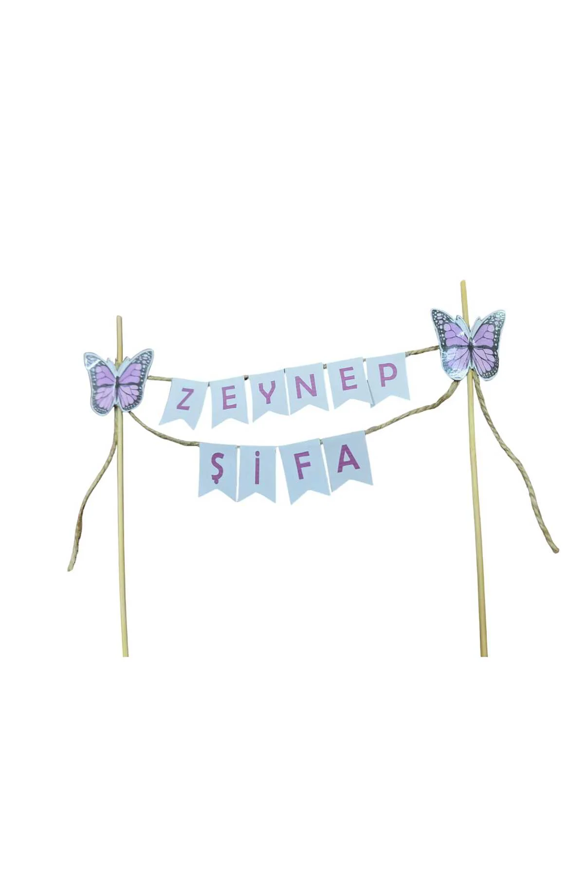 MOR KELEBEKLİ KONSEPTLİ İKİ İSİMLİ DOĞUM GÜNÜ İSİMLİ PASTA SÜSÜ F