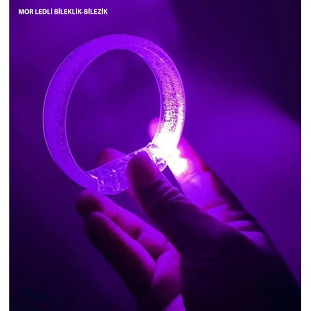 Mor Led Işıklı Baskı Yapılabilen Pilli Bileklik Bilezik 1,5 cm Ge