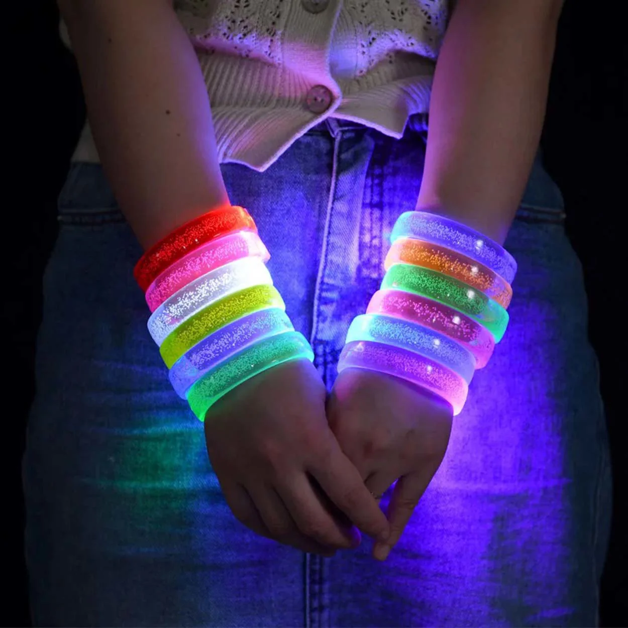 Mor LED Işıklı Baskı Yapılabilen Pilli Bileklik | 1,5 cm Genişlik