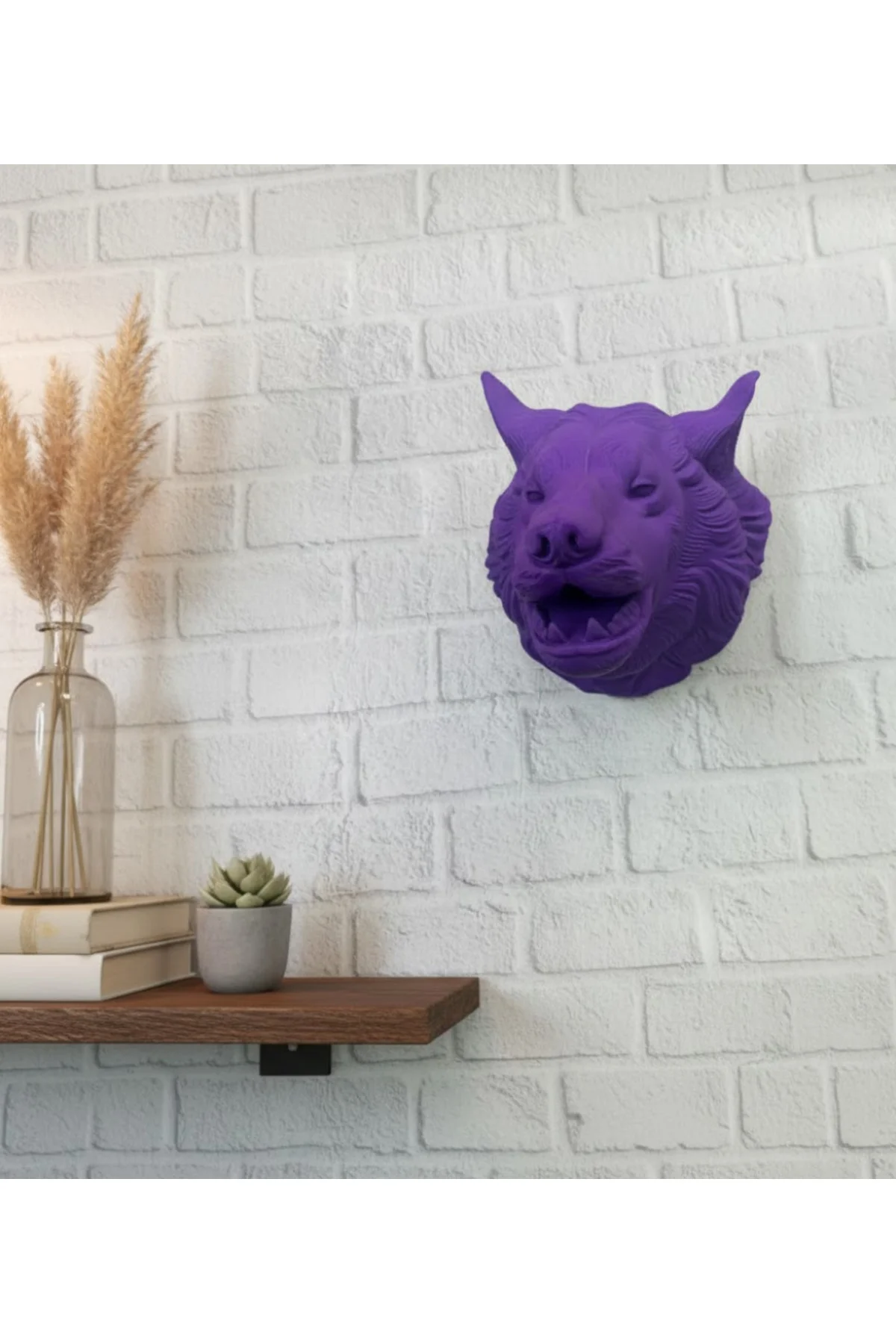 Mor Renk 3D Kurt Başı Duvar Dekoru Asılabilir Maskot Heykel 25X19