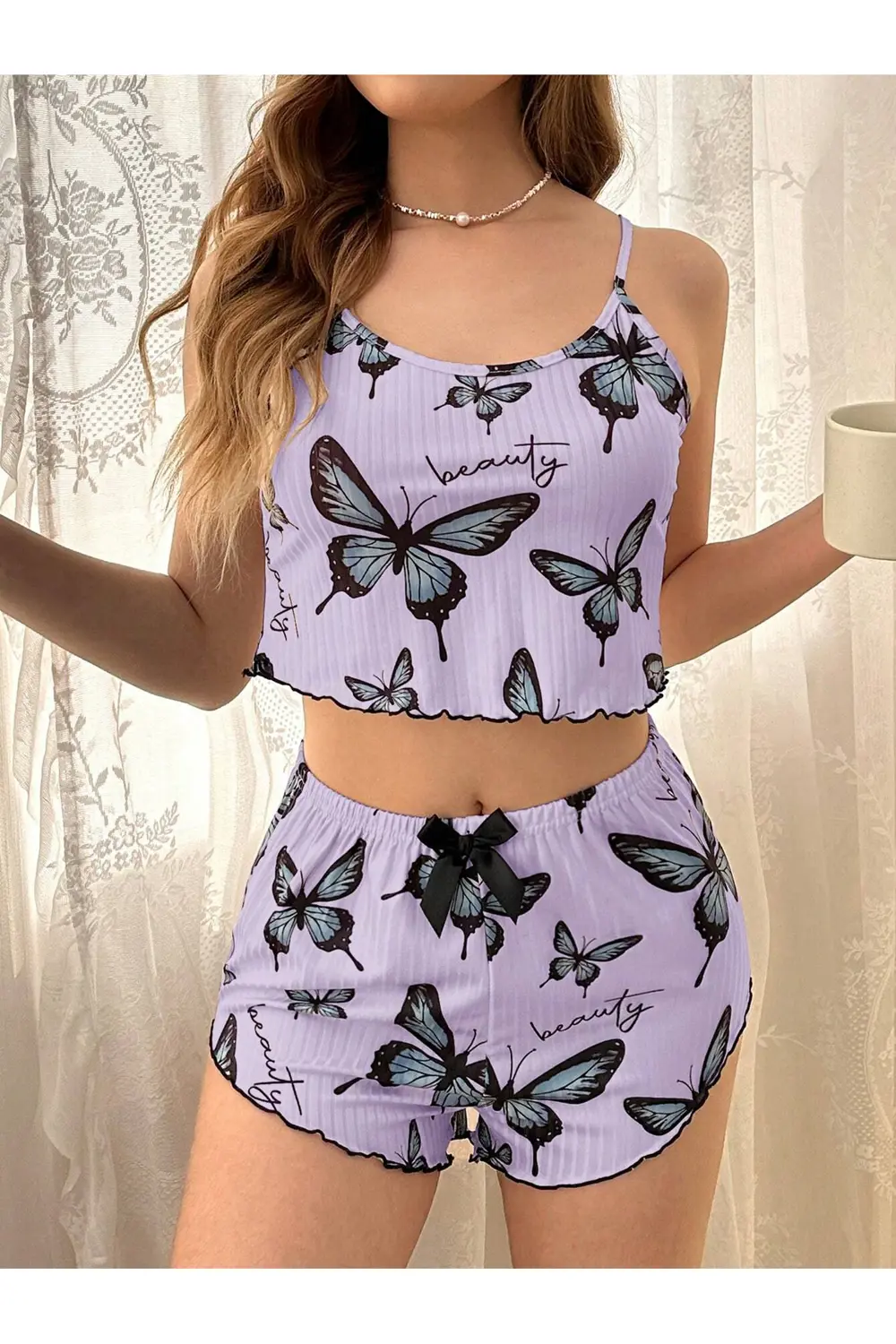 Mor Renk Kelebek Desenli Şortlu Ev Giyim Takımı,Kadın Yazlık Askı