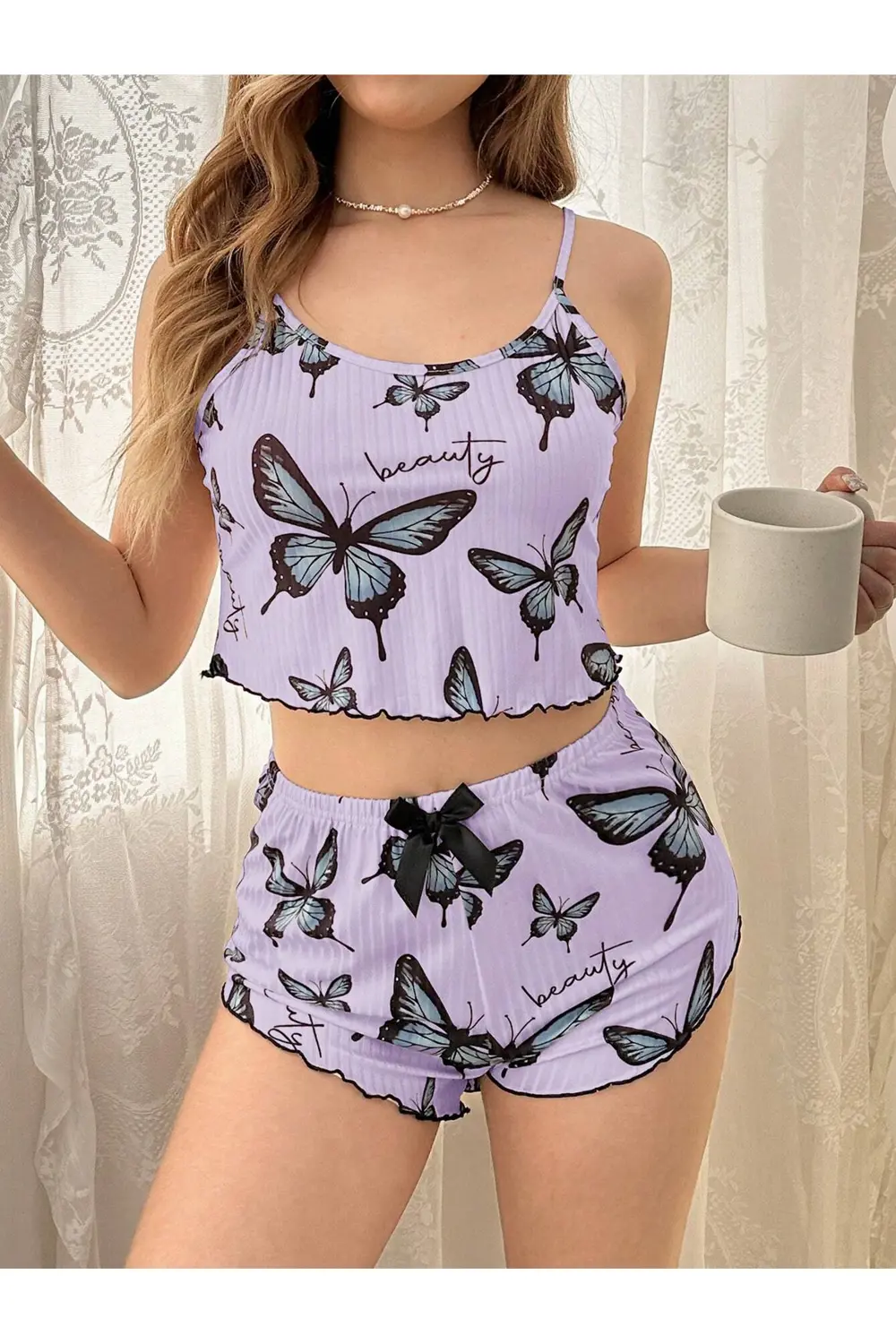 Mor Renk Kelebek Desenli Şortlu Ev Giyim Takımı,Kadın Yazlık Askı