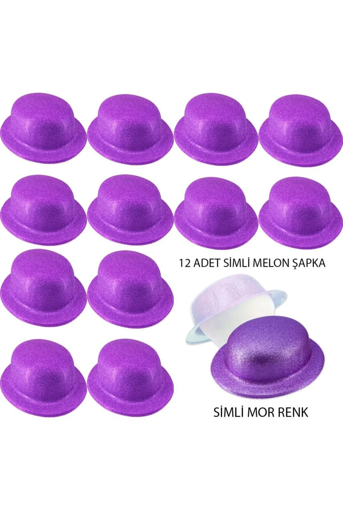 Mor Renk Simli Melon Yuvarlak Parti Şapkası 12 Adet