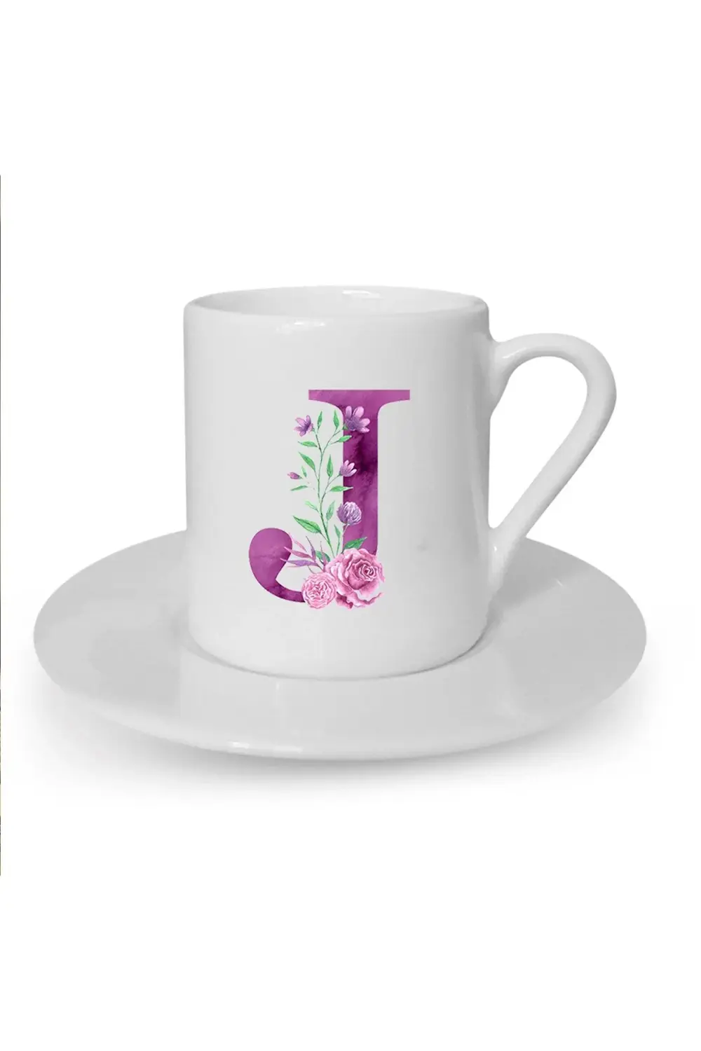 Mor Renkli J Harfi Baskılı Beyaz Türk Kahvesi Fincanı