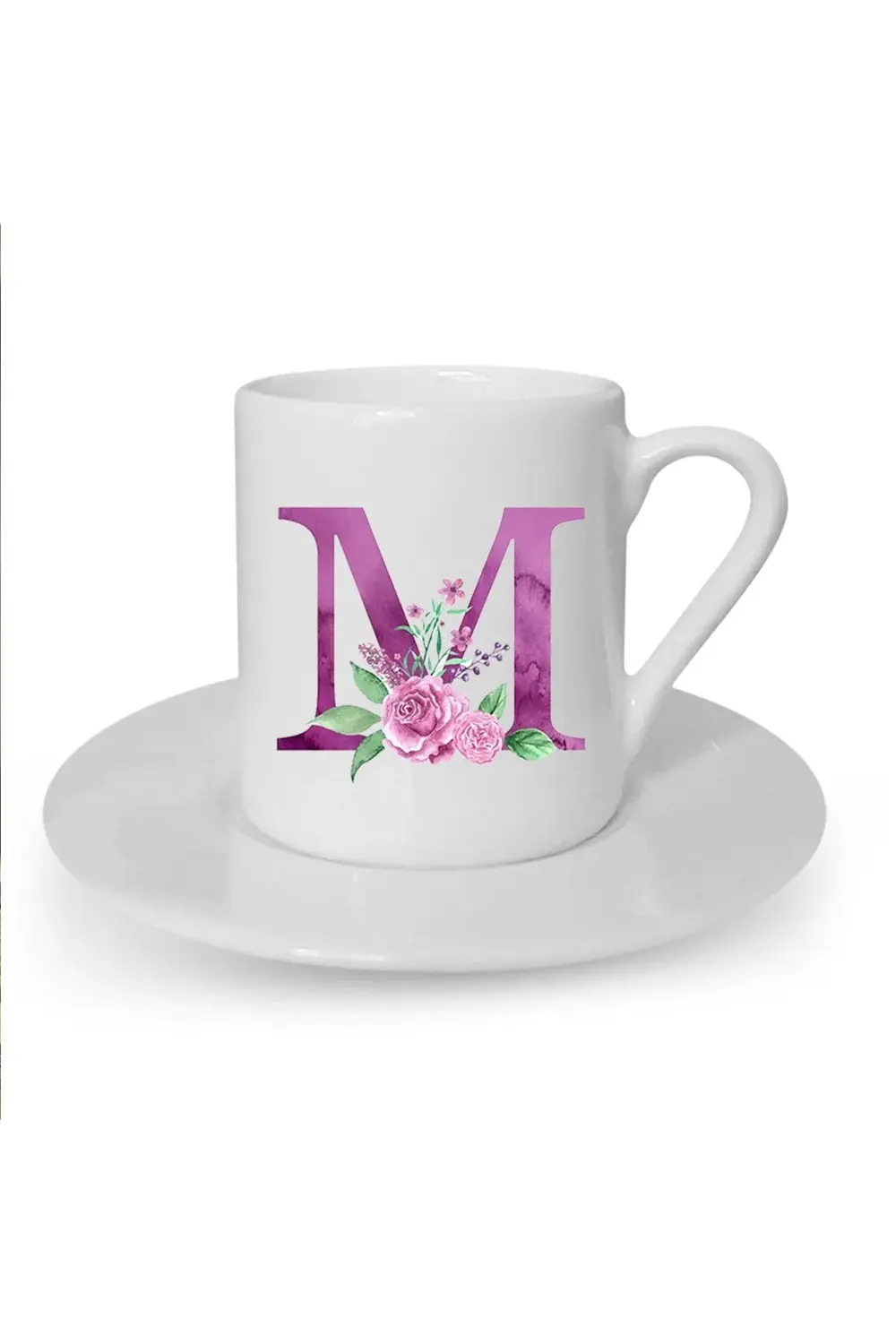 Mor Renkli M Harfi Baskılı Beyaz Türk Kahvesi Fincanı