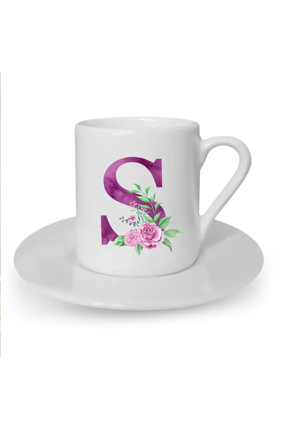 Mor Renkli S Harfi Baskılı Beyaz Türk Kahvesi Fincanı