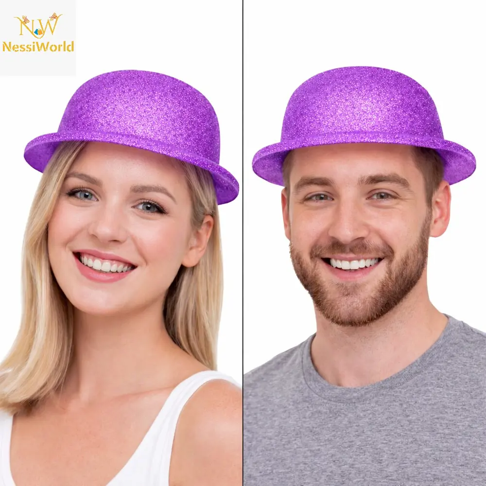 Mor Simli Melon Şapka | İnce Plastik Glitter Yetişkin Parti Şapka