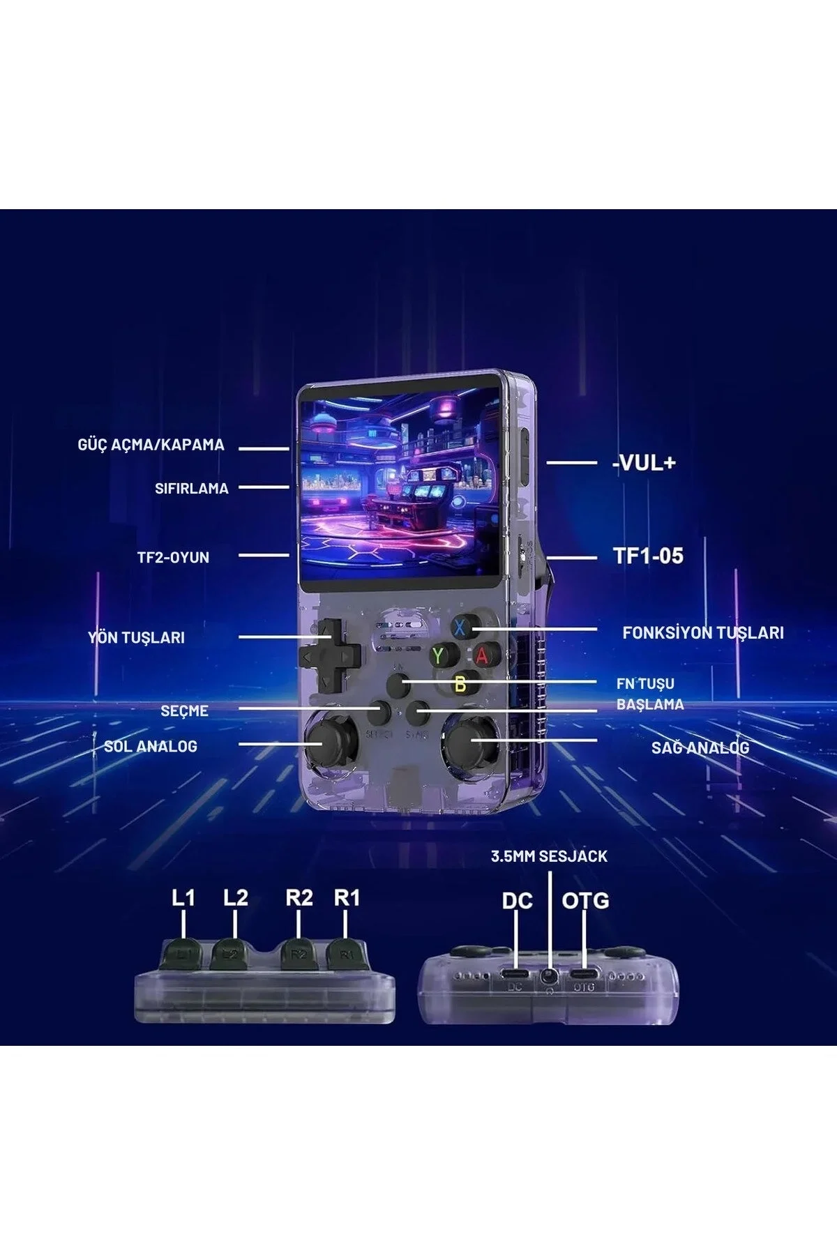 Mor taşınabilir retro oyun konsolu 64 GB hafıza 15.000+ yüklü oyun bluetooth yok