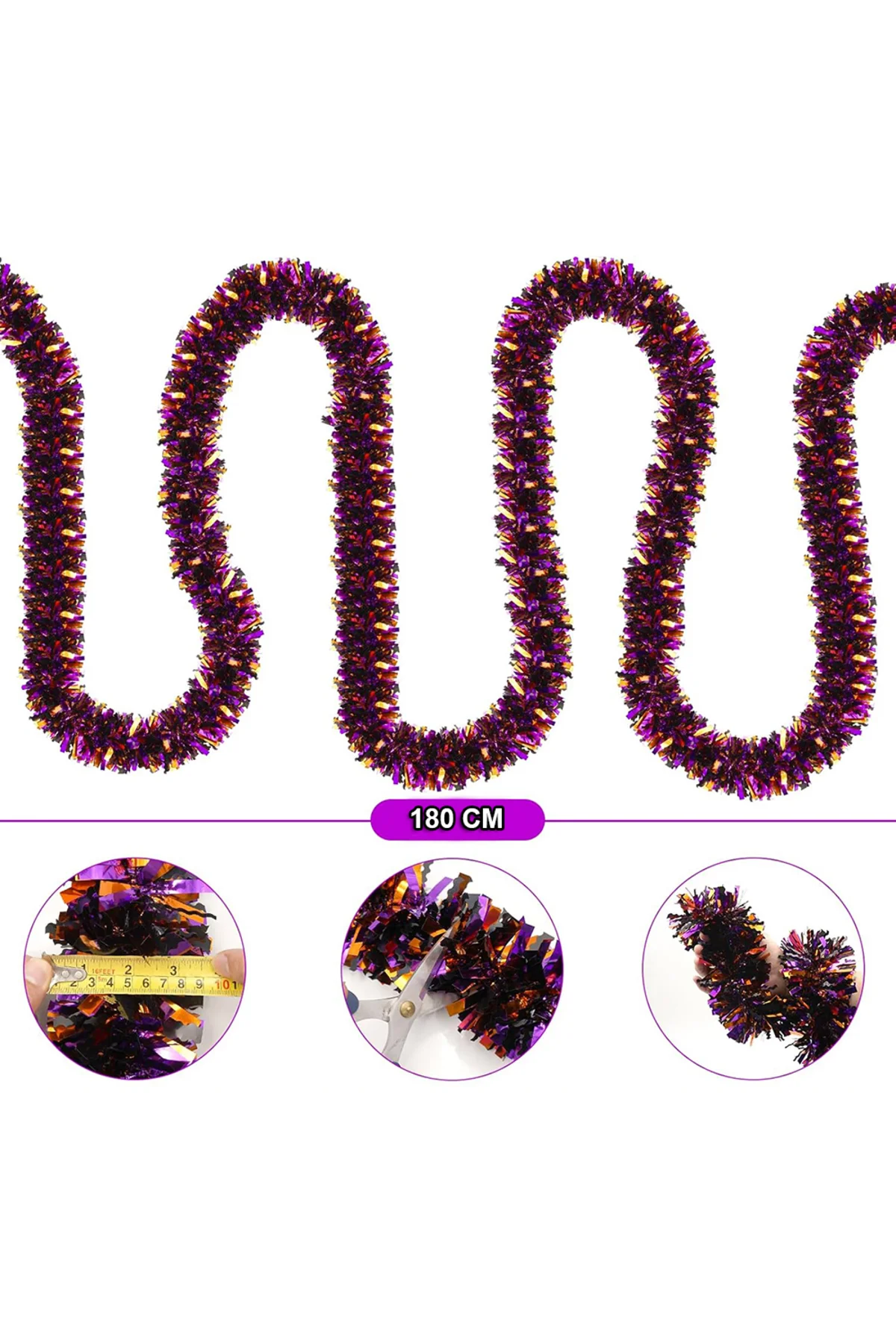 Mor Turuncu Renk 4 cm Genişlik Garland Çift Renk Sim Süs 180 cm (