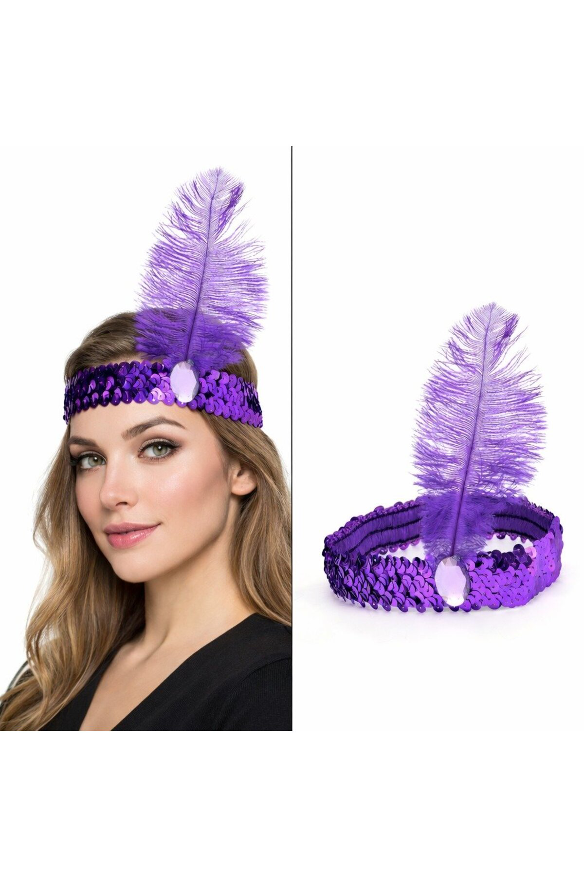 Mor Tüylü Retro Çarliston Bandı - 70-80-90’lar Parti Tacı