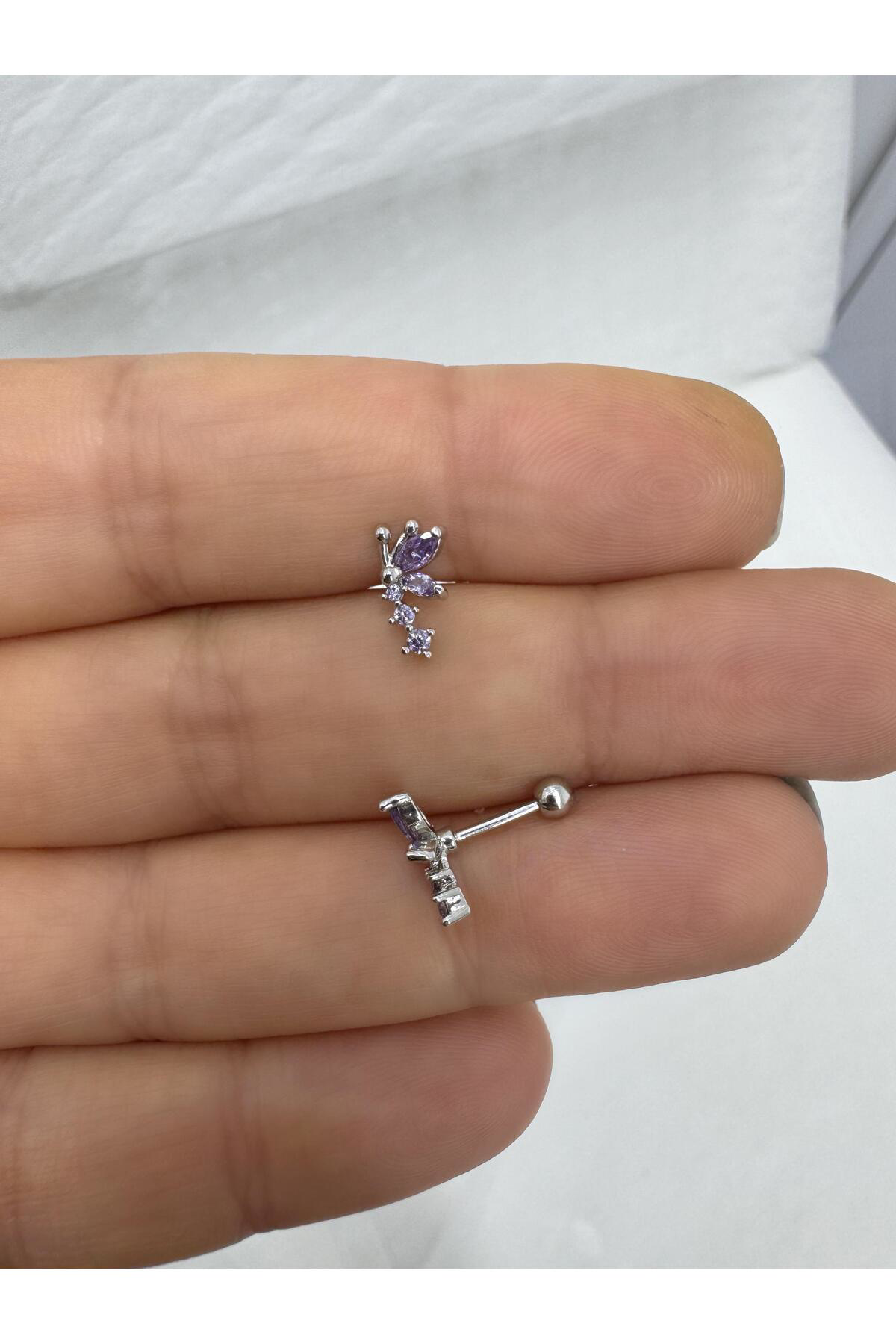 mor Zirkon taşlı  1 adet tragus helix lobe conch flat lobe uyumlu piercing küpe