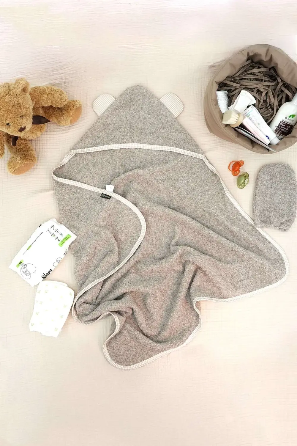 Mordesign Morbear Serisi Bebek Havlu/Kese Seti, Nakışlı Bebek Havlu Kundak,