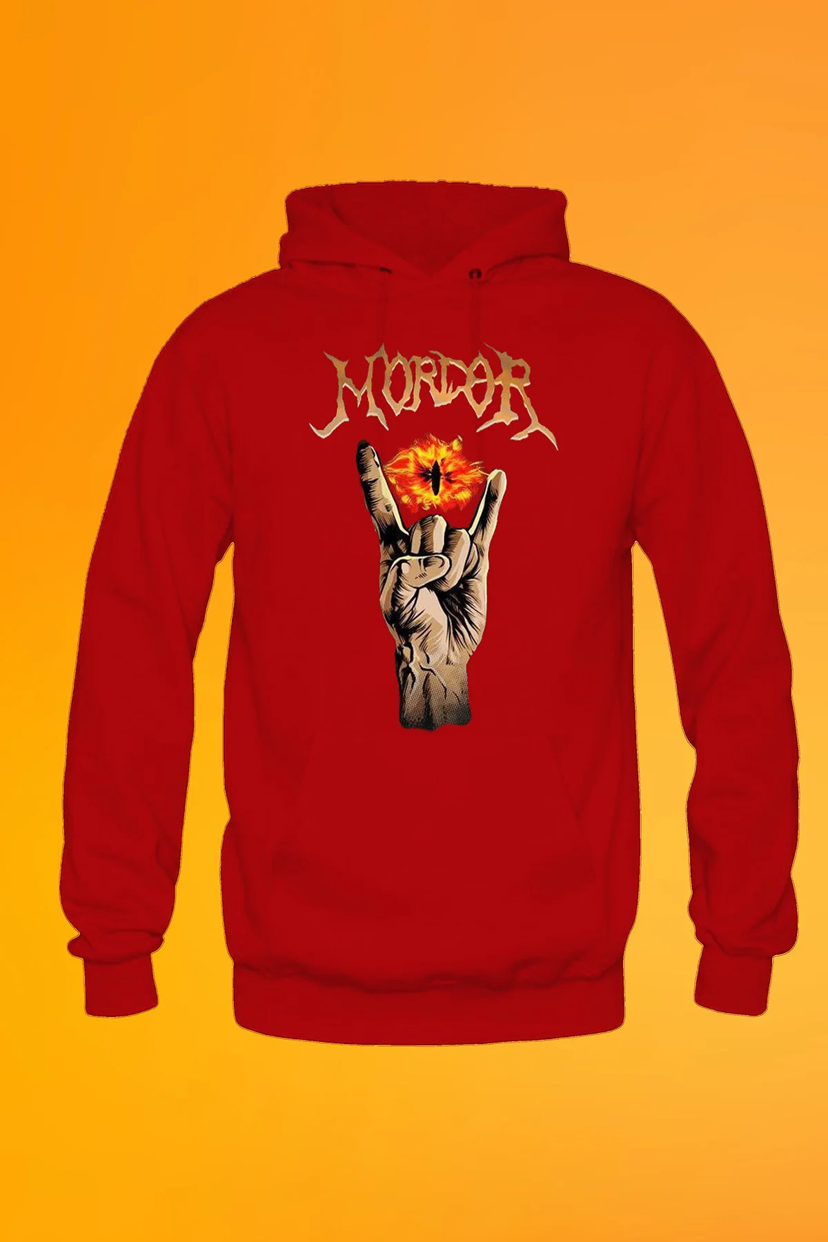 Mordor Baskılı Kırmızı Unisex Kanguru Cep Kapüşonlu Sweatshirt