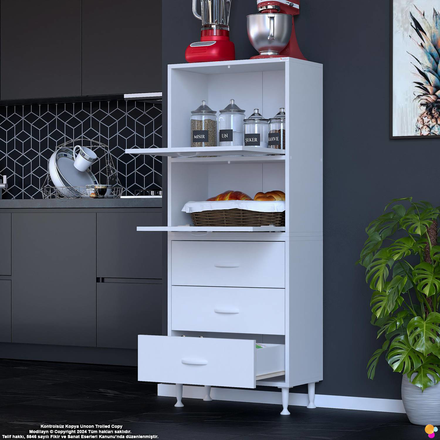 More 55 cm Çok Amaçlı Organizer Mutfak Kiler Banyo 2 Kapaklı 3 Çe - Görsel 4