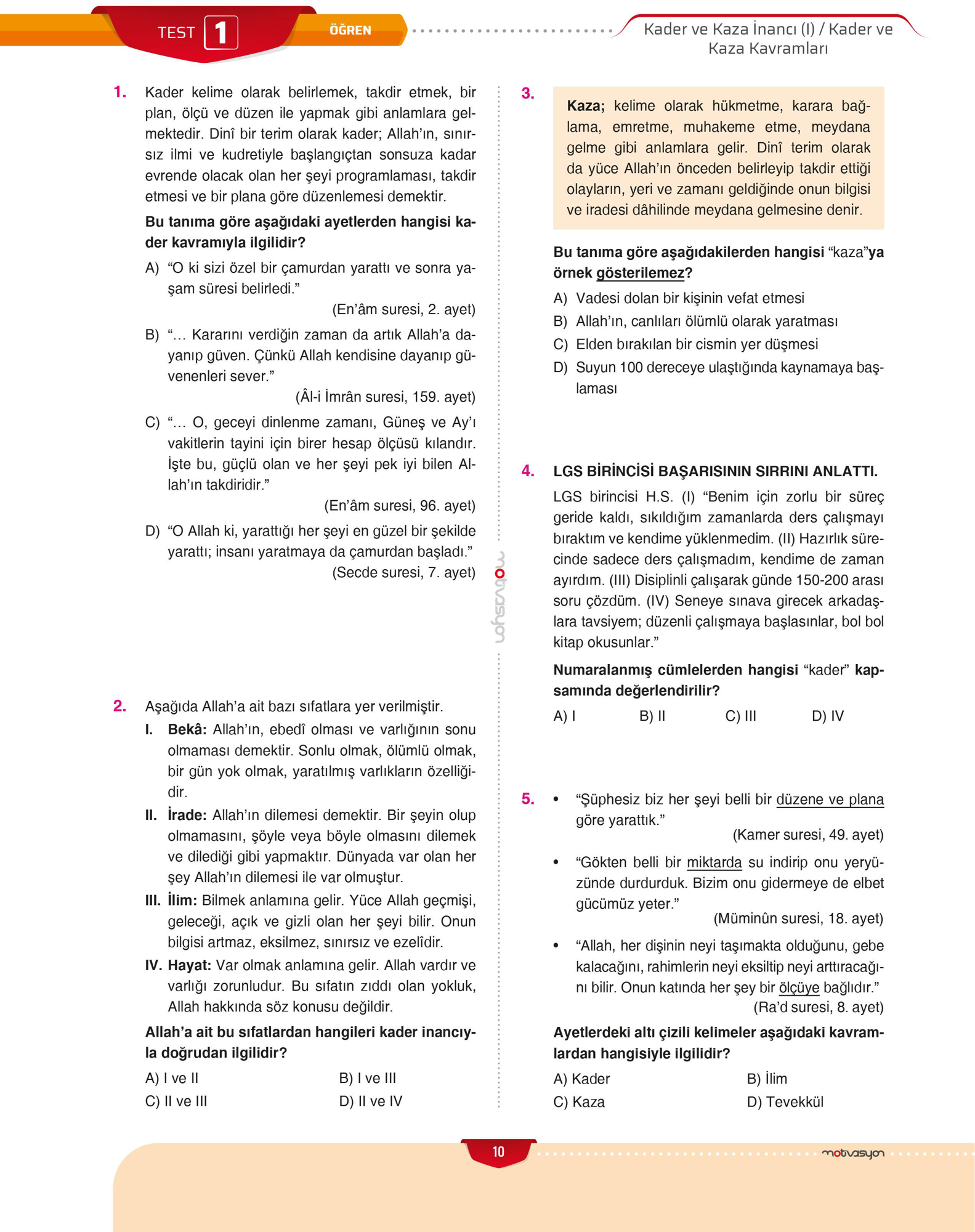 Motivasyon 8. Sınıf Din Kültürü ve Ahlak Bilgisi Soru Bankası