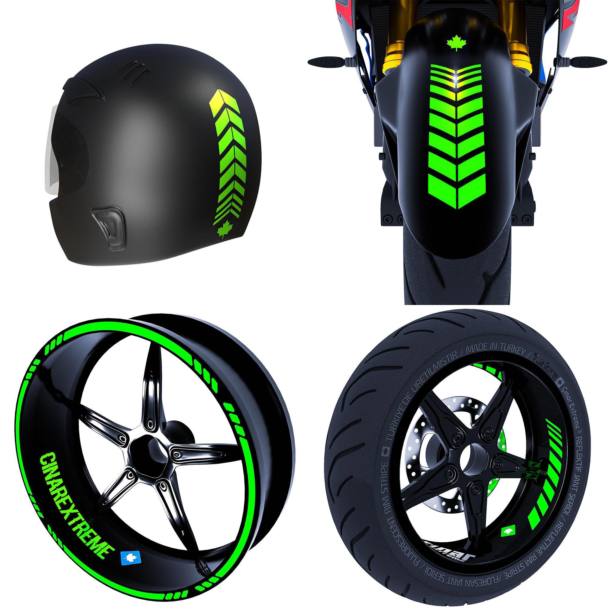 Moto Rider 4'lü Sticker Seti Floresan Yeşil İç Dış Jant Şeridi Ka