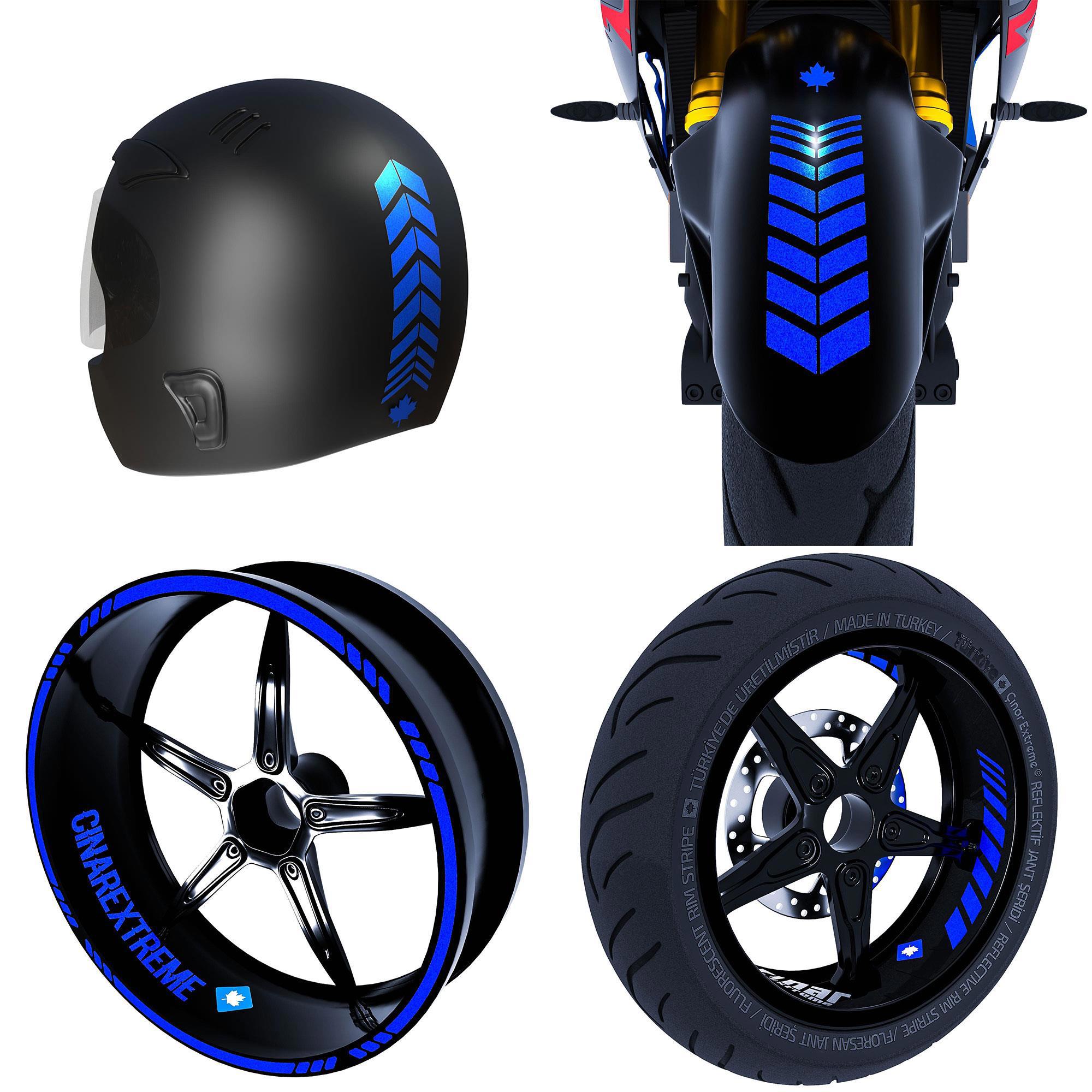 Moto Rider 4'lü Sticker Seti Reflektif Mavi İç Dış Jant Şeridi Ka