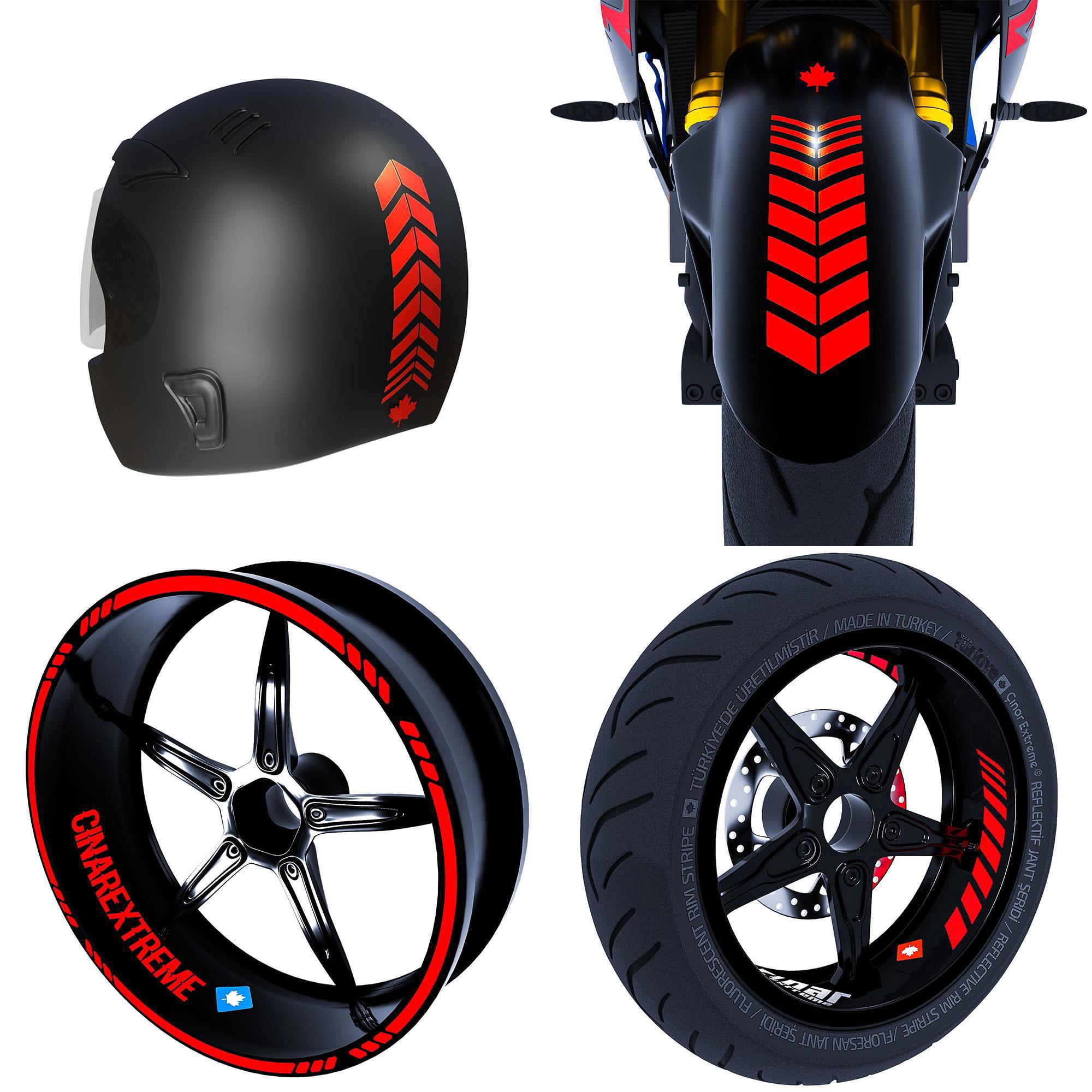 Moto Rider 4'lü Sticker Seti Bayrak Kırmızı İç Dış Jant Şeridi Ka