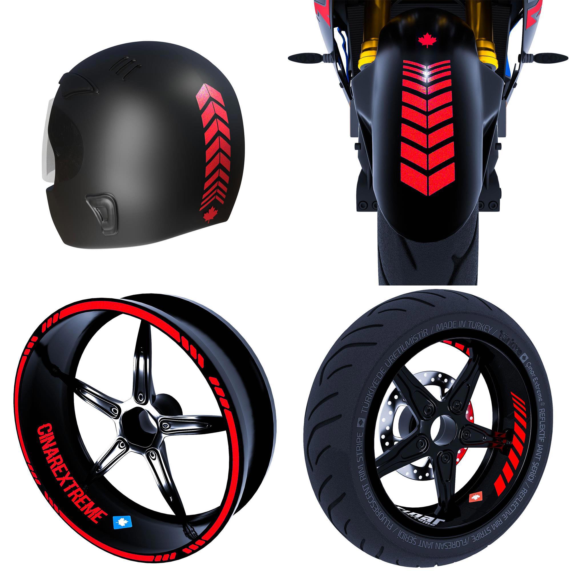 Moto Rider 4'lü Sticker Seti Reflektif Kırmızı İç Dış Jant Şeridi