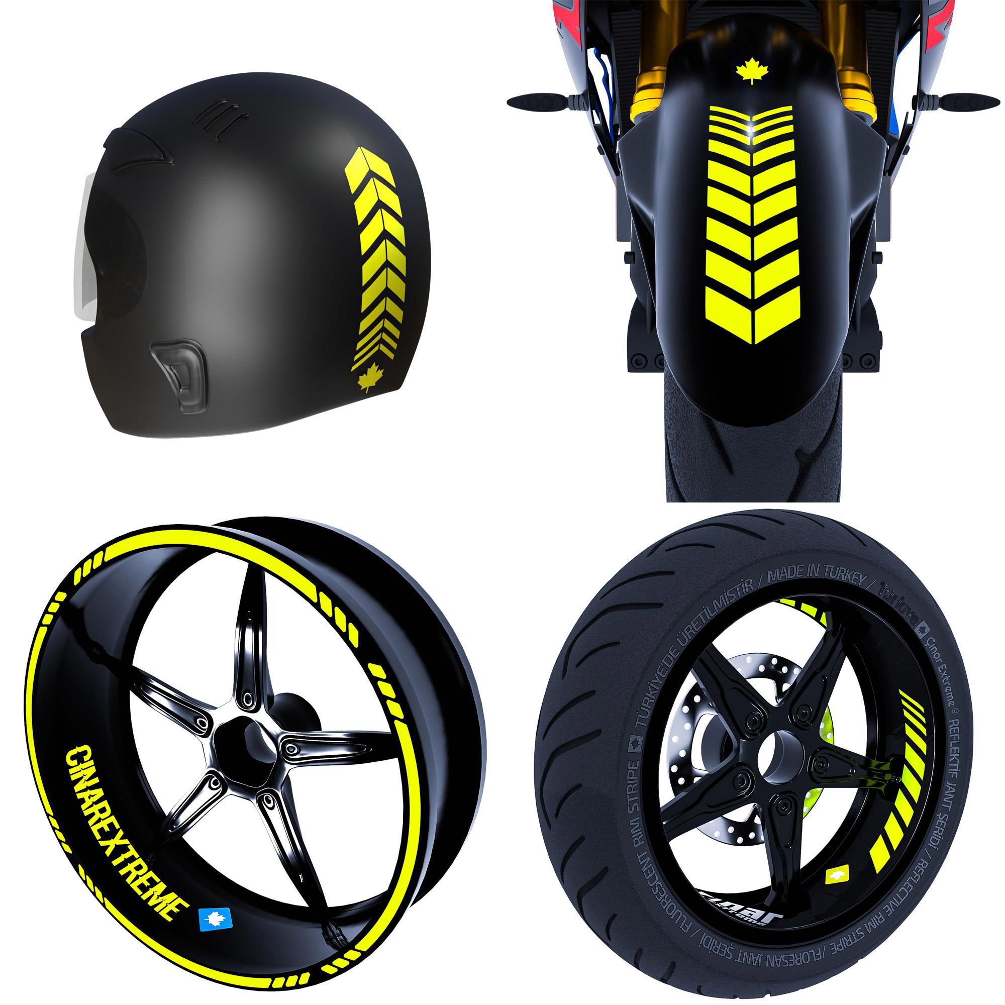 Moto Rider 4'lü Sticker Seti Floresan Sarı İç Dış Jant Şeridi Kas